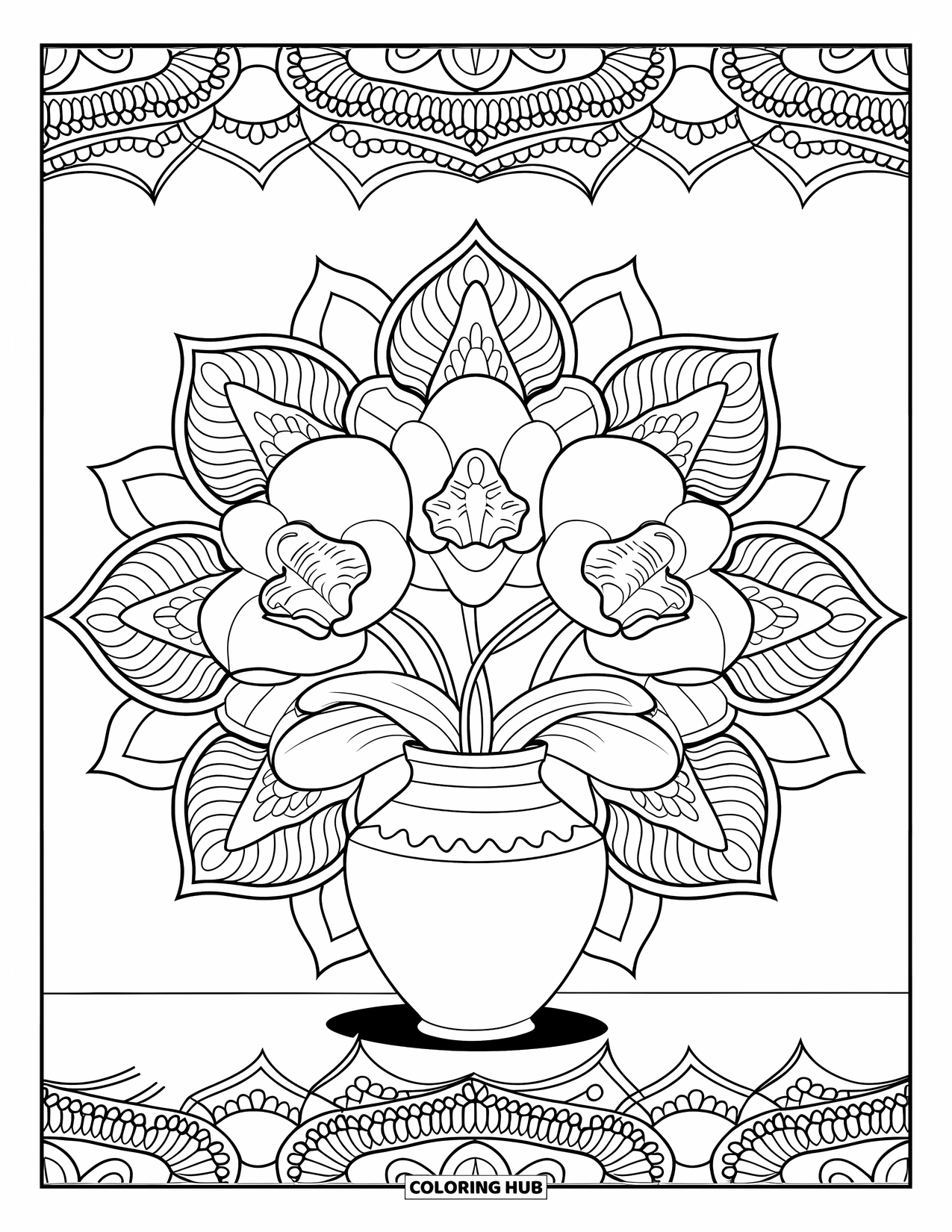 Orchid Coloring Page for Adults: Orchid vase surrounded by intricate mandala petals and a filigree border