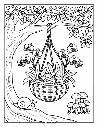 Desenho de orquídea para colorir para adultos: Orquídeas em flor em cesto suspenso sob árvore com corações e caracol sonolento