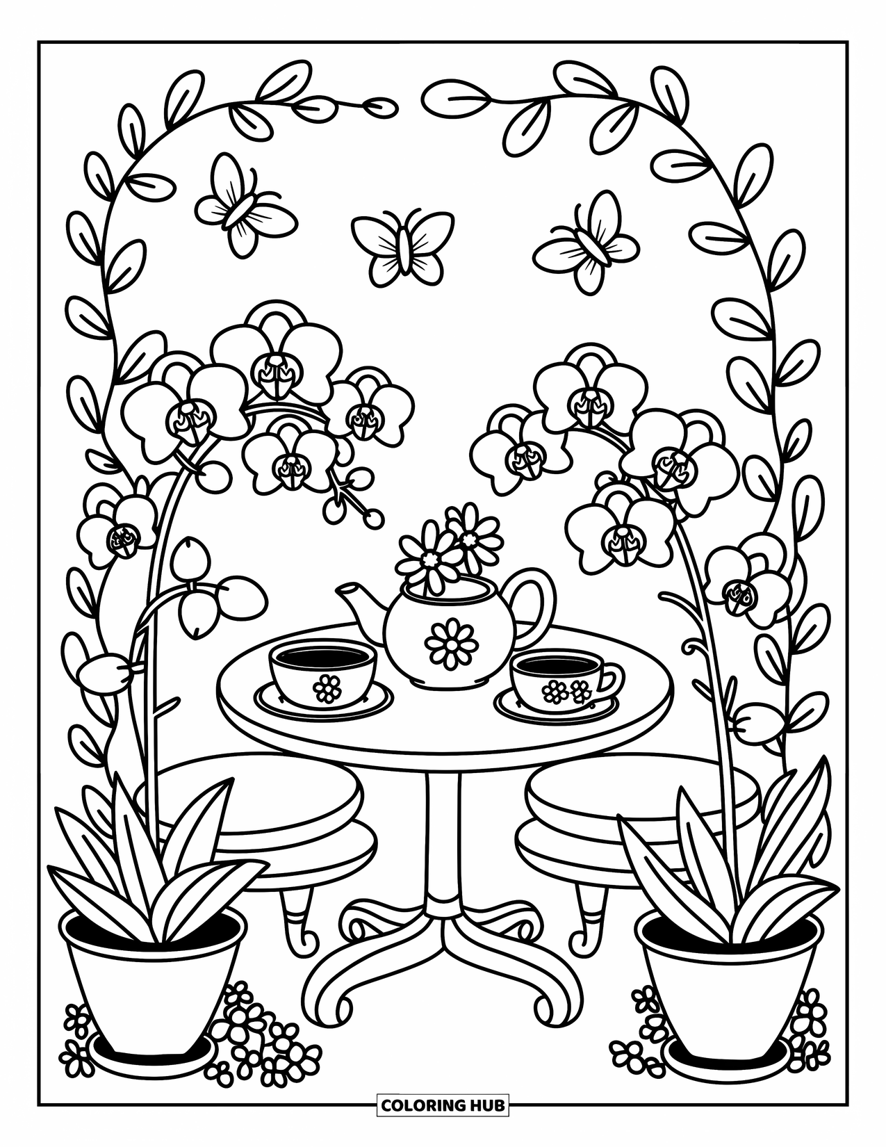 Orchid Coloring Page for Adults: Potted orchids and tea accessories rest on a round table with butterflies nearby