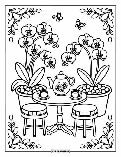 Desenho de orquídea para colorir para adultos: Mesa redonda de jardim com orquídeas, xícaras de chá e borboletas esvoaçando