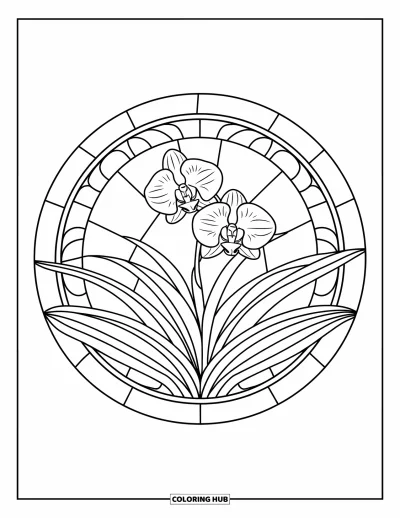 Desenho de orquídea para colorir para adultos: Orquídea sozinha dentro de desenho circular estilo vitral com detalhes de folhas