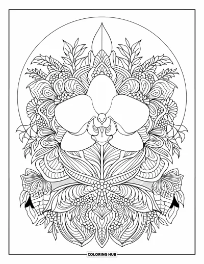 Desenho de orquídea para colorir para adultos: Flor de orquídea simétrica no centro de uma mandala floral detalhada