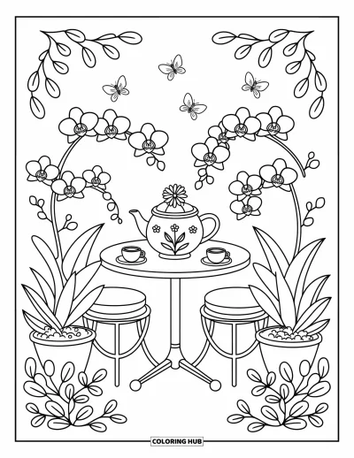 Desenho de orquídea para colorir para adultos: Xícaras de chá e orquídeas em mesa de jardim com pétalas flutuando suavemente