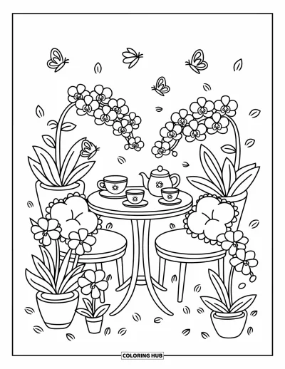 Desenho de orquídea para colorir para adultos: Xícaras minúsculas sobre mesa redonda de jardim cercada de orquídeas em flor
