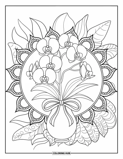 Desenho de orquídea para colorir para adultos: Vaso com laço e flores de orquídea em torno de mandala floral e folhas