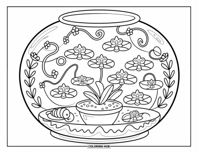 Desenho de orquídea para colorir para adultos: Orquídeas e cipós encantadores preenchem um terrário redondo com uma lagarta tranquila