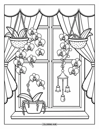 Desenho de orquídea para colorir para adultos: Janela com cortinas suaves e orquídeas saindo de cestos e carrilhões florais