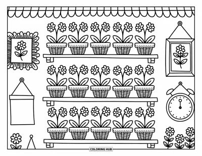 Desenho de orquídea para colorir para adultos: Prateleira de madeira com orquídeas em vasos rendados, emoldurada por enfeites charmosos