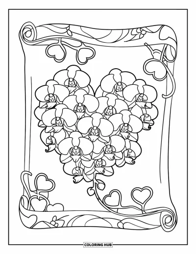 Desenho de orquídea para colorir para crianças: Coração formado por flores de orquídea sobre um pergaminho com corações e flores
