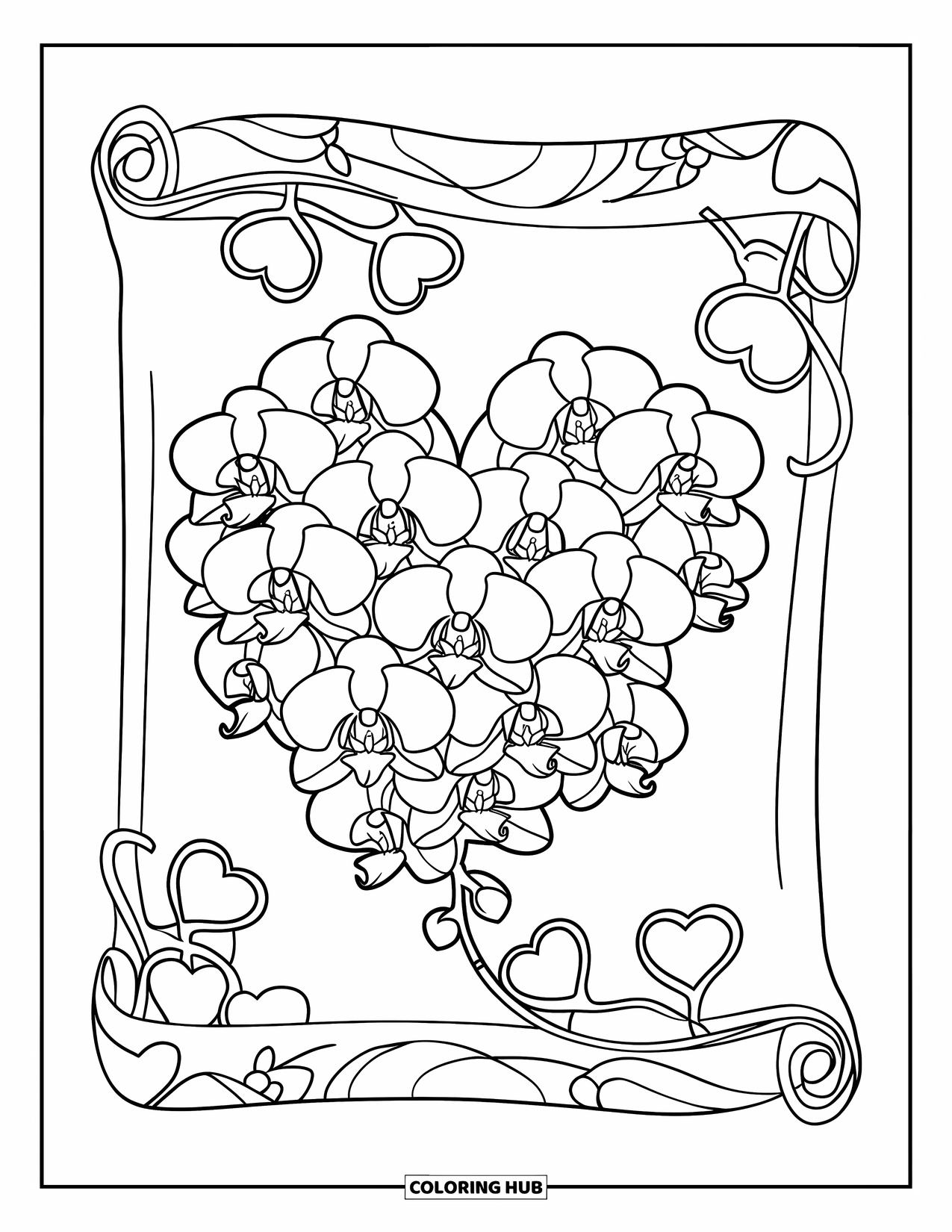 Orchid Coloring Page for Kids: A heart of orchid blooms rests on a scroll with hearts and flowers