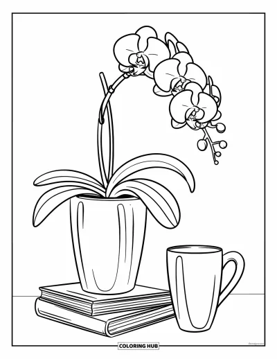 Desenho de orquídea para colorir para crianças: Vaso com orquídeas sobre pilha de livros com uma caneca ao lado