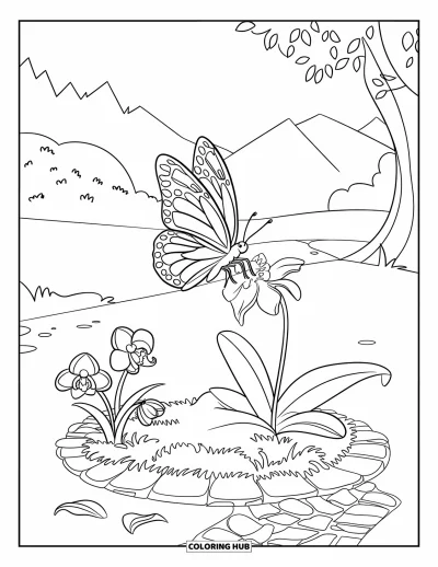 Desenho de orquídea para colorir para crianças: Borboleta encontra uma orquídea ao lado de caminho de pedras e flores ao redor