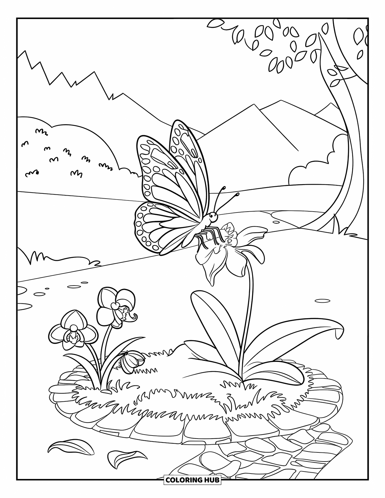 Orchid Coloring Page for Kids: Butterfly meets an orchid beside a cobblestone path and nearby flowers