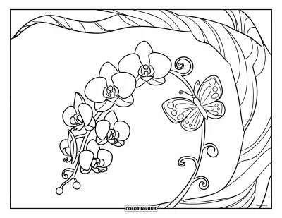 Desenho de orquídea para colorir para crianças: Borboleta pousa em caule curvo de orquídea enrolado em galho de árvore