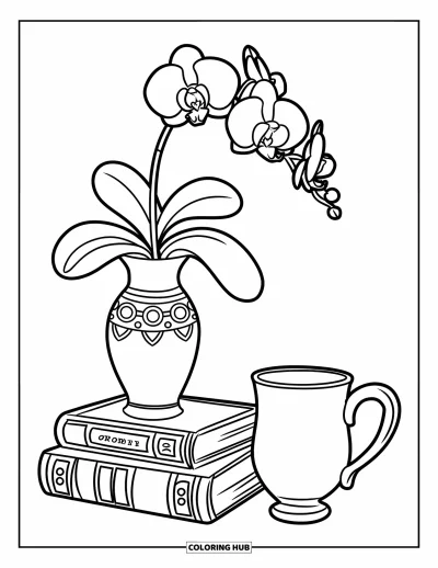 Desenho de orquídea para colorir para crianças: Vaso decorado com orquídea sobre livros ao lado de uma caneca sorridente