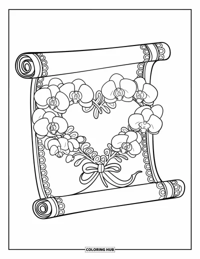 Desenho de orquídea para colorir para crianças: Orquídeas em forma de coração sobre pergaminho estampado com design romântico