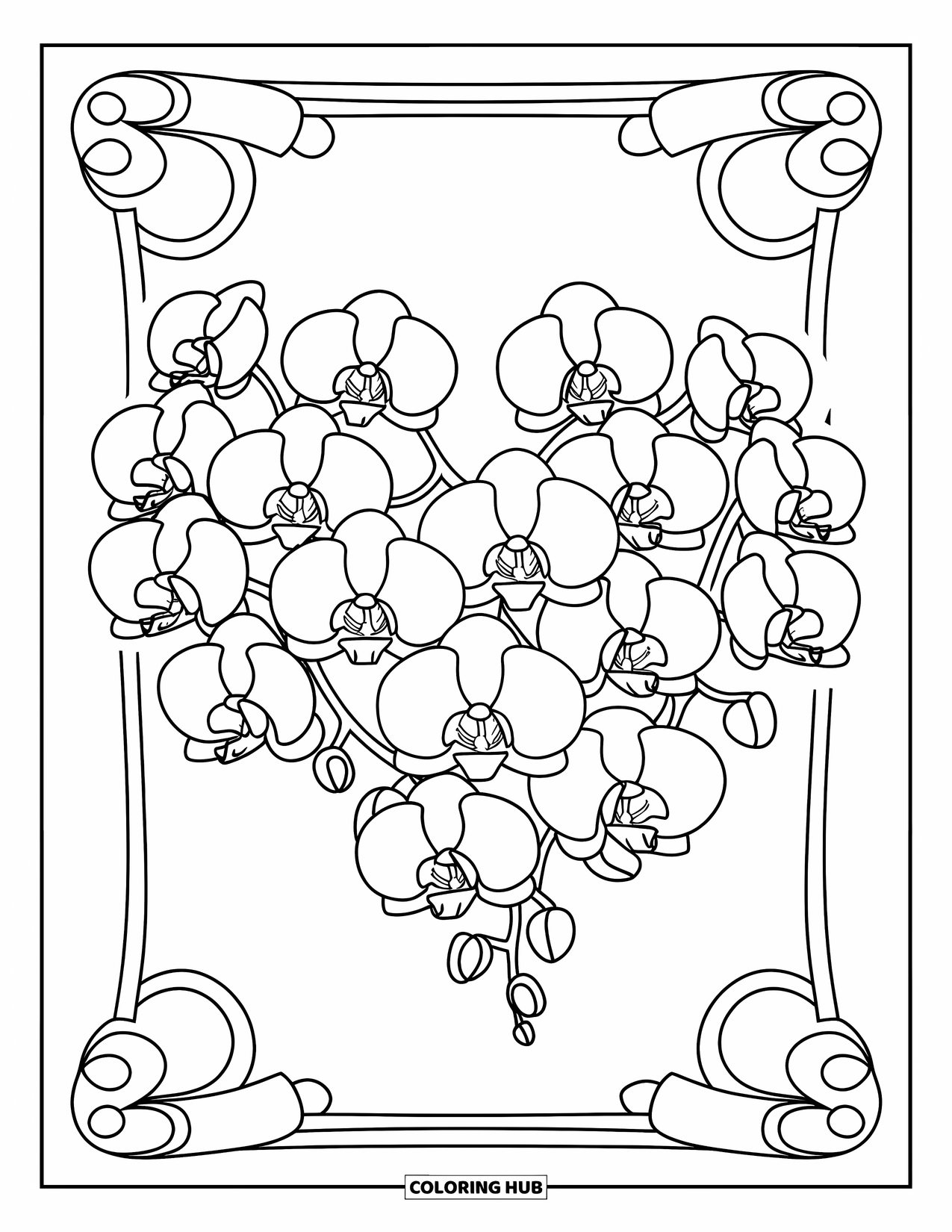 Orchid Coloring Page for Kids: Orchid blooms form a heart on a scroll with a ribbon on top