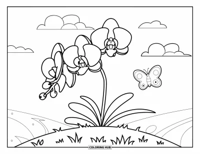 Desenho de orquídea para colorir para crianças: Orquídea em flor em uma colina com nuvens e uma borboleta ao fundo