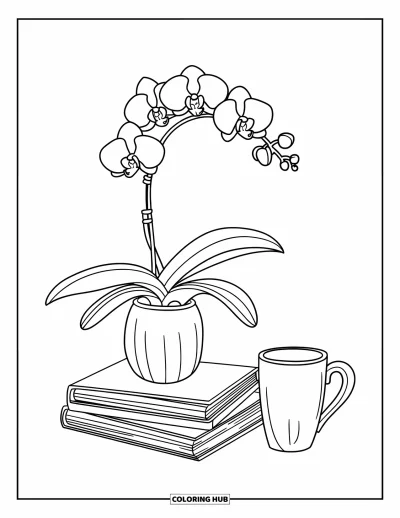 Desenho de orquídea para colorir para crianças: Orquídea em vaso alto sobre uma pilha de livros com uma caneca ao lado