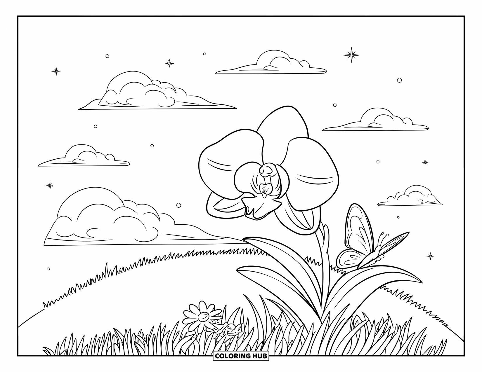 Orchid Coloring Page for Kids: Orchid in full bloom on a hill with clouds, grass, and a gentle butterfly