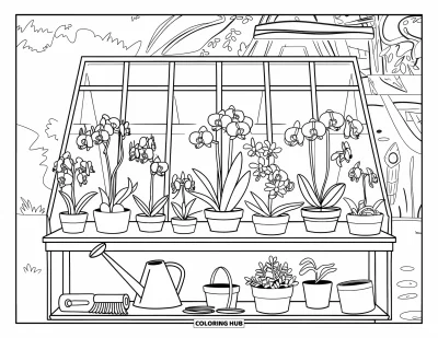 Desenho de orquídea para colorir para crianças: Prateleira de orquídeas com ferramentas ao fundo de uma estufa ao ar livre aconchegante