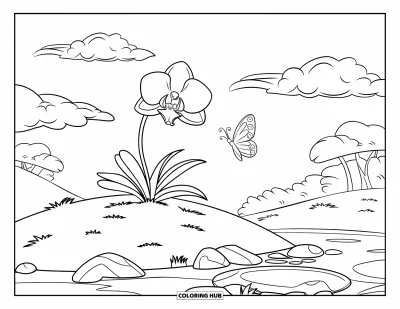 Desenho de orquídea para colorir para crianças: Orquídea em colina perto de água, pedras e algumas árvores ao fundo