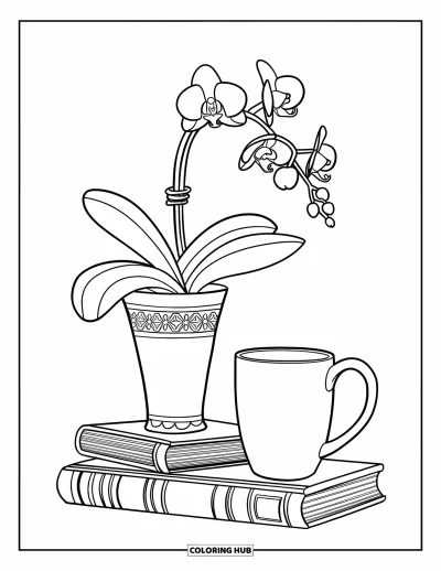 Desenho de orquídea para colorir para crianças: Vaso com estampa, orquídeas e uma caneca sobre pilha de livros