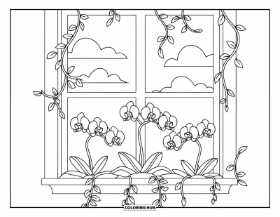 Desenho de orquídea para colorir para crianças: Peitoril de janela cheio de orquídeas e cipós com vista para nuvens suaves