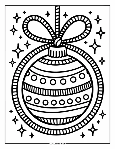 Coloriage de boules de Noël pour adultes : Une grande boule avec des motifs en spirale et un nœud en ruban qui brille avec de minuscules étoiles