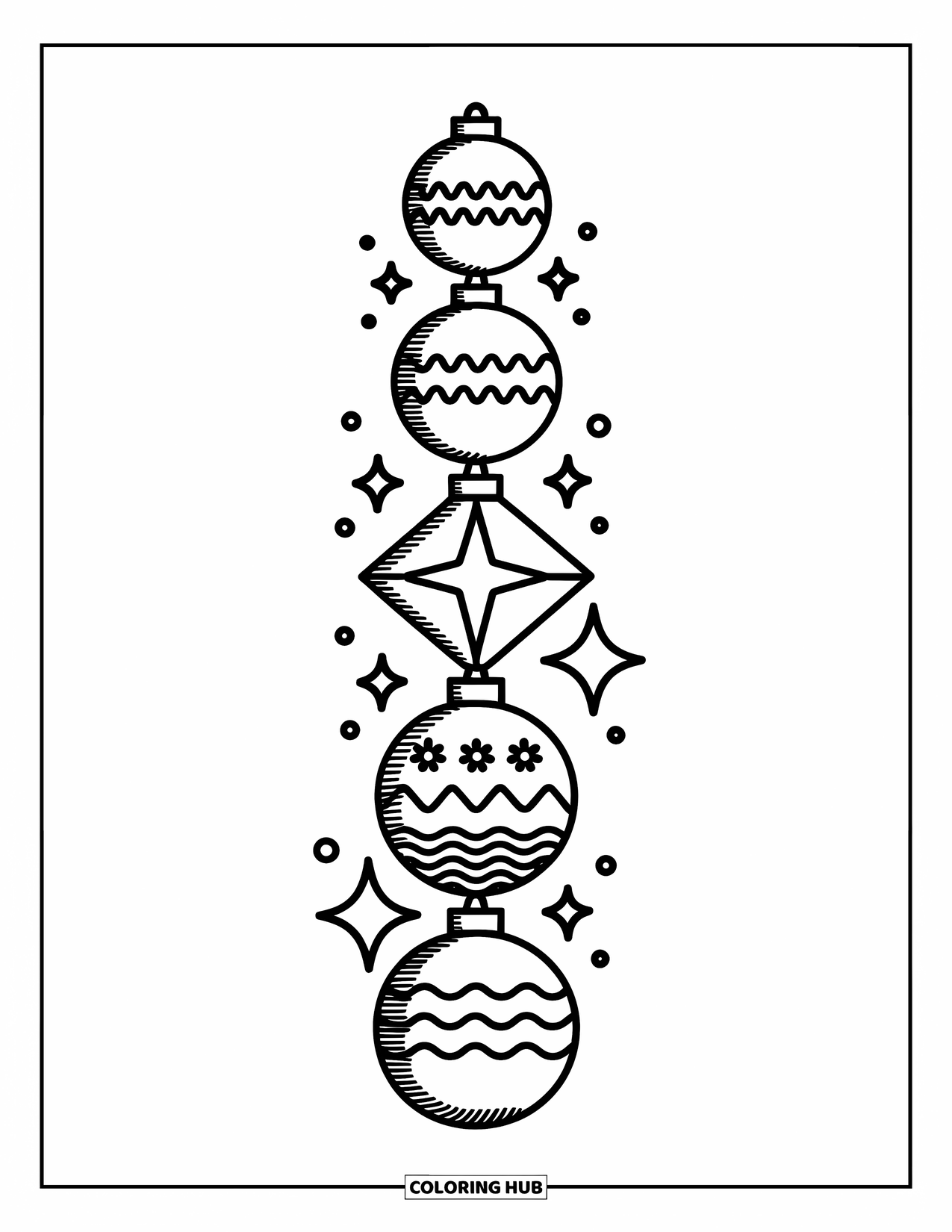 Ornament Coloring Page for Adults: A cascading line of round, star, and diamond ornaments twinkles with stars and curls