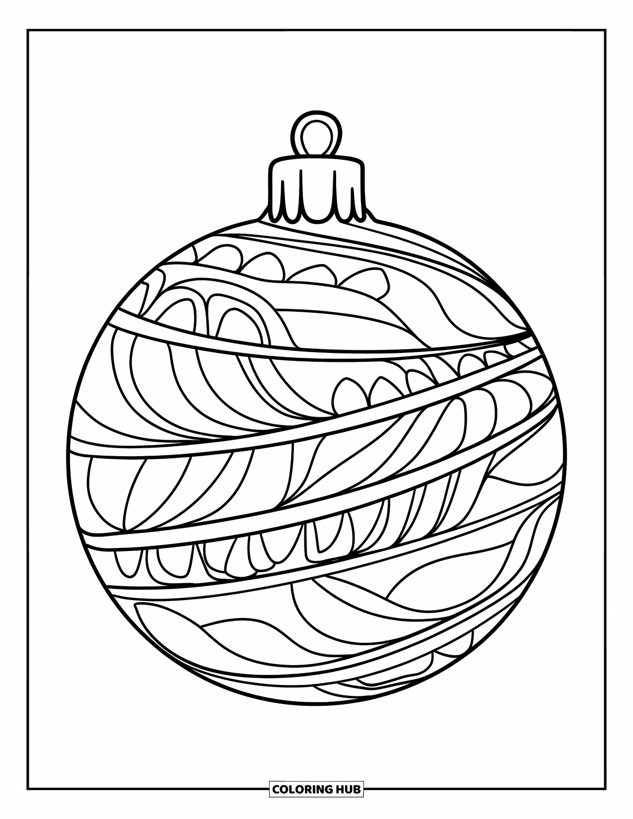 Ornament Coloring Page for Adults: A cozy ornament with mandala petals has a soft, twisted round shape