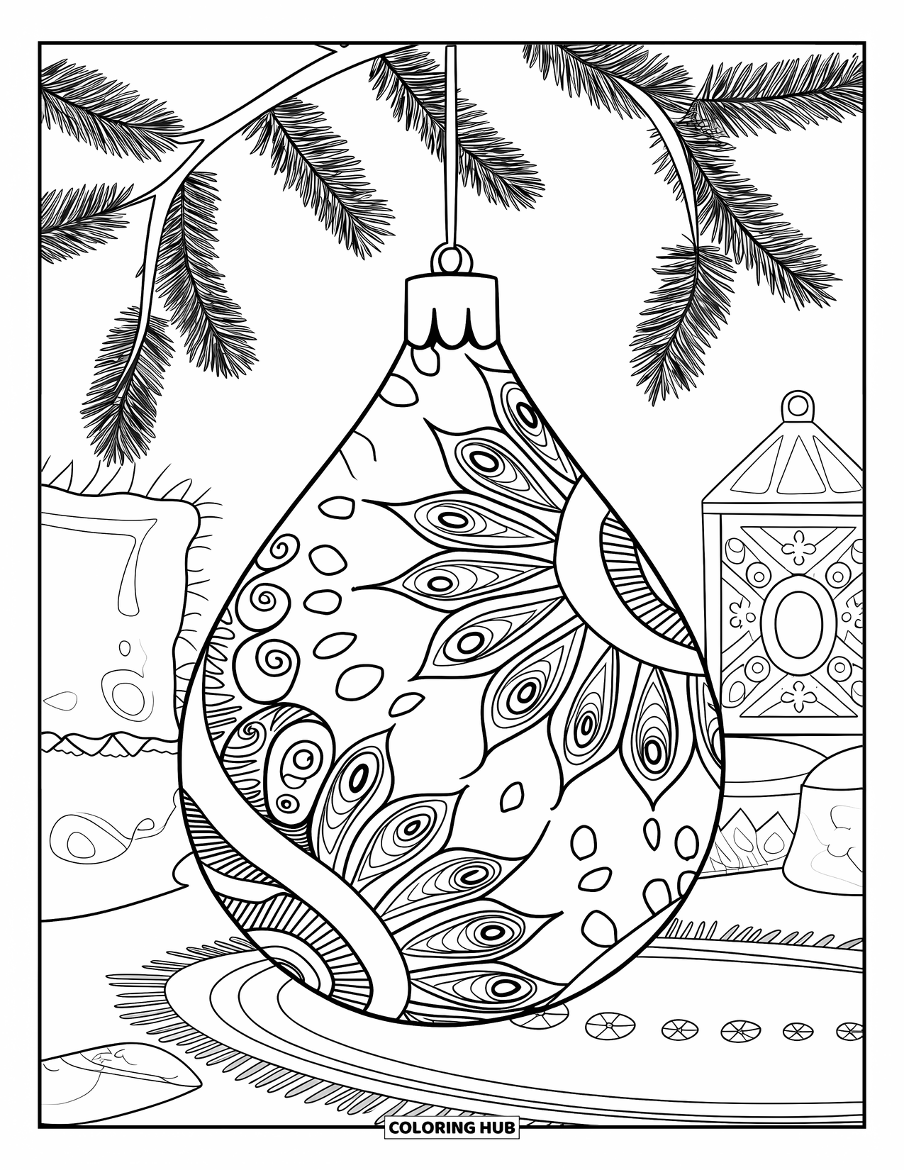 Ornament Coloring Page for Adults: A cozy room holds a teardrop ornament with swirling patterns and warm details