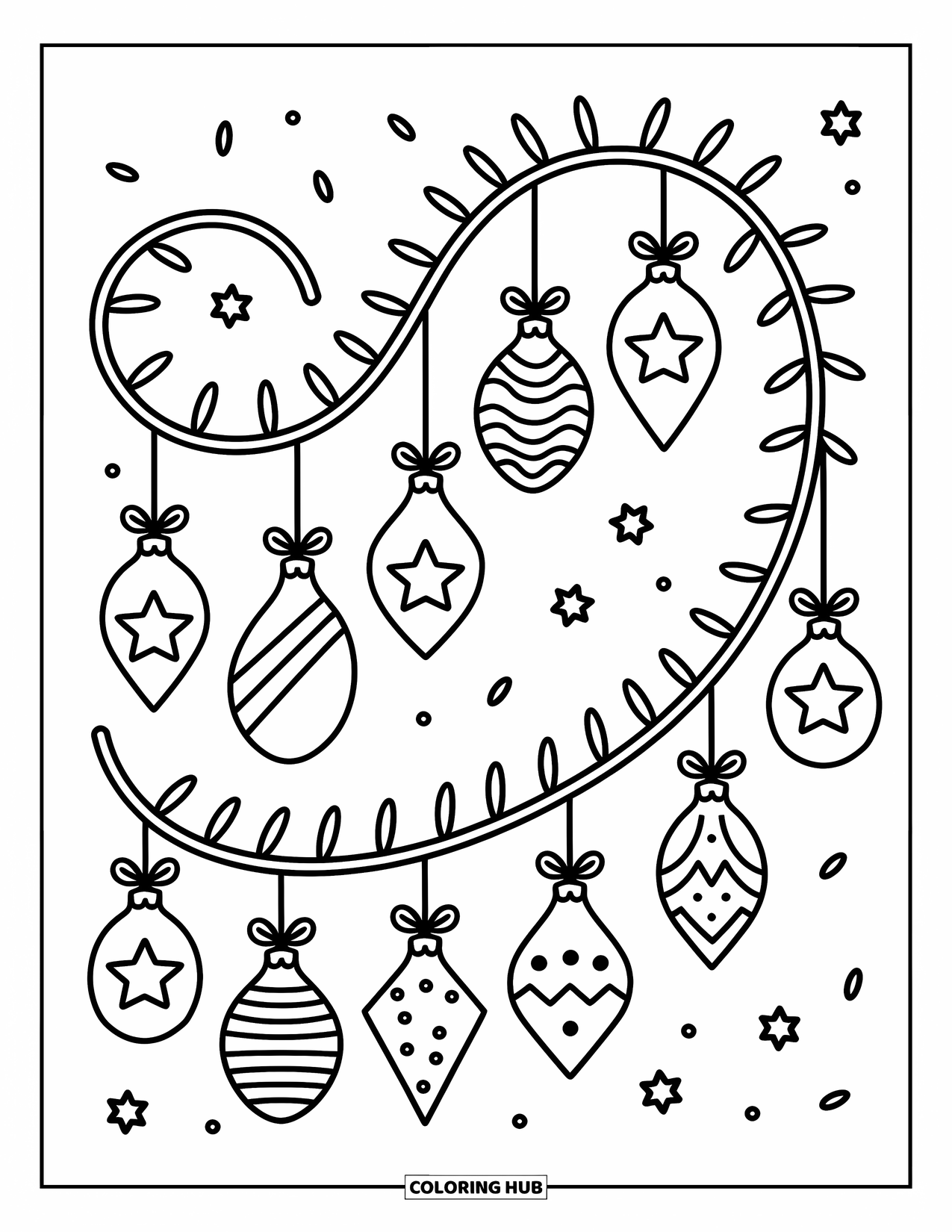 Ornament Coloring Page for Adults: A curved garland full of charming ornaments floats with sprinkle dots and star accents