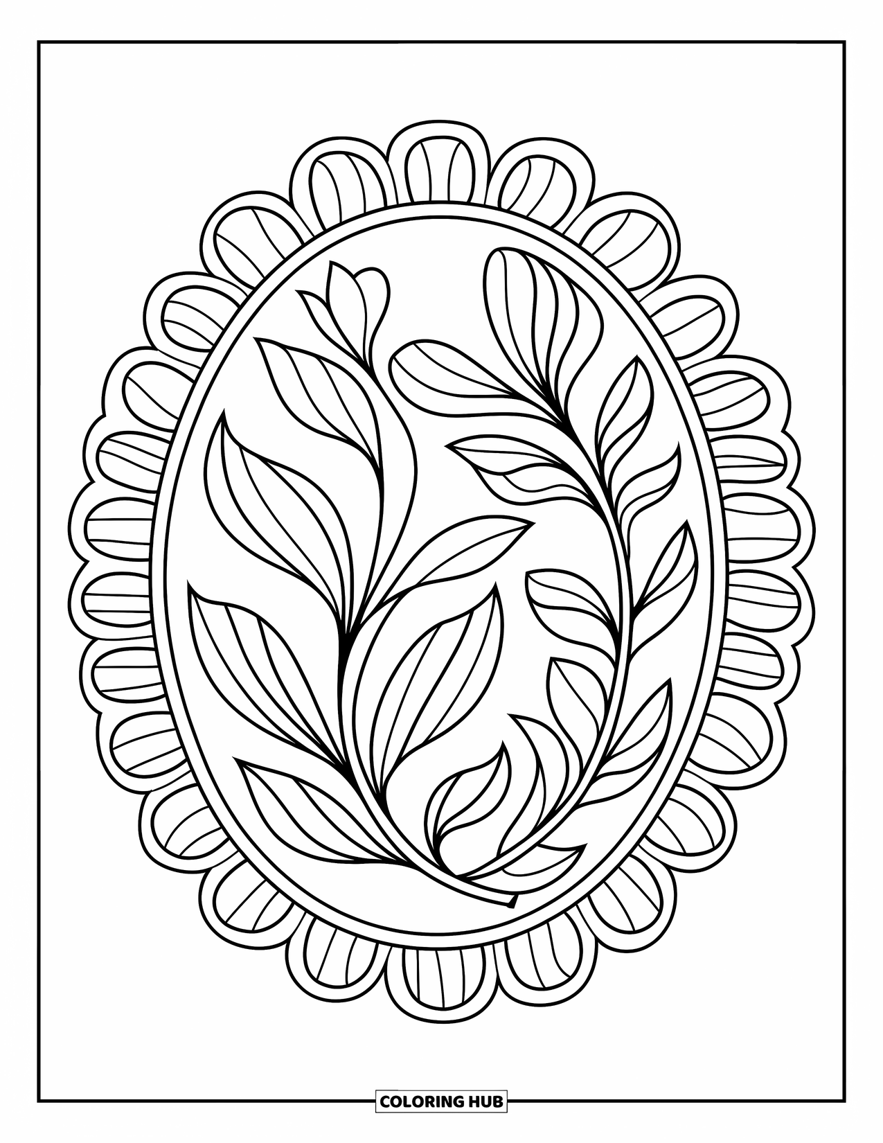 Ornament Coloring Page for Adults: A framed oval ornament features leafy patterns in a calm, creative design