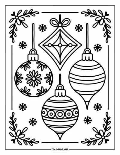 Coloriage de boules de Noël pour adultes : Un trio de boules encadré avec des motifs floraux, en ruban et géométriques au charme festif