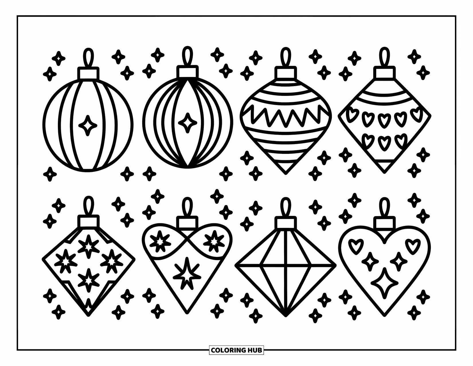 Ornament Coloring Page for Adults: A grid of four playful ornaments, each with unique designs, surrounded by fun little dots