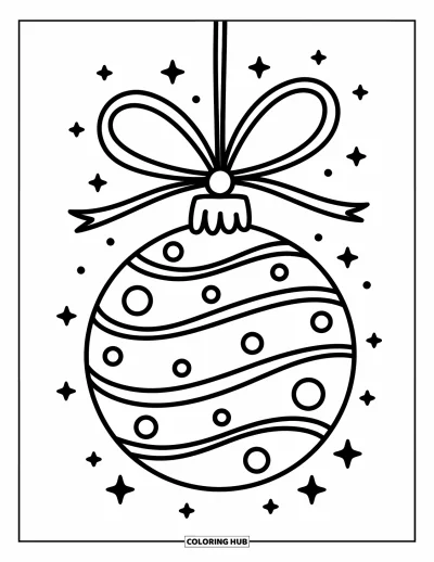 Coloriage de boules de Noël pour adultes : Une grande boule avec des volutes et des points ornée d'un grand nœud en ruban sur le dessus
