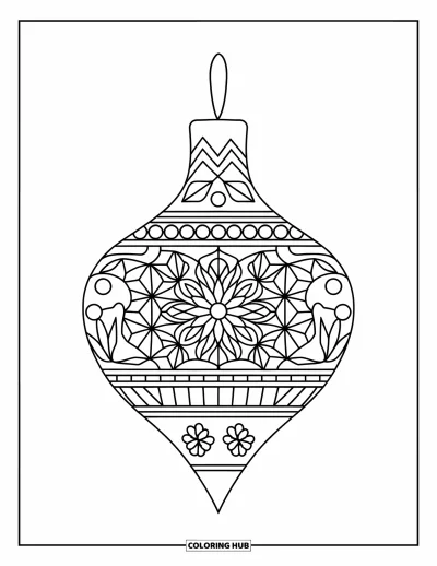 Coloriage de boules de Noël pour adultes : Un long pendentif ornamental avec des motifs en mosaïque de haut en bas