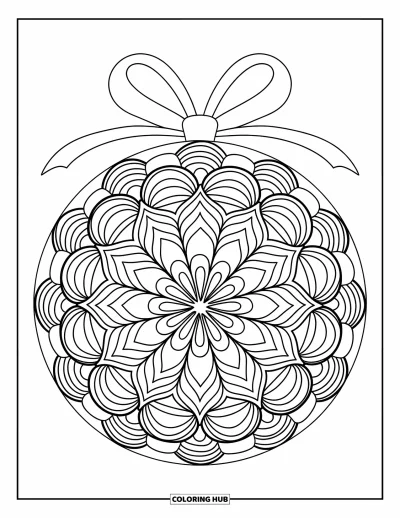 Coloriage de boules de Noël pour adultes : Une boule ornée de motifs en mandala et en pétales suspendue sous un ruban