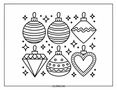 Coloriage de boules de Noël pour adultes : Une grille ordonnée de boules en cœur, rondes, en losange et en larme avec un charme festif