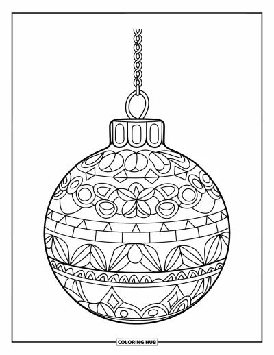 Coloriage de boules de Noël pour adultes : Une boule pendante aux motifs en mosaïque suspendue à une chaîne dans un cadre chaleureux