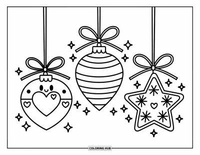 Coloriage de boules de Noël pour adultes : Une boule ronde, une cloche et une étoile suspendues ensemble avec des nœuds et des étincelles festives