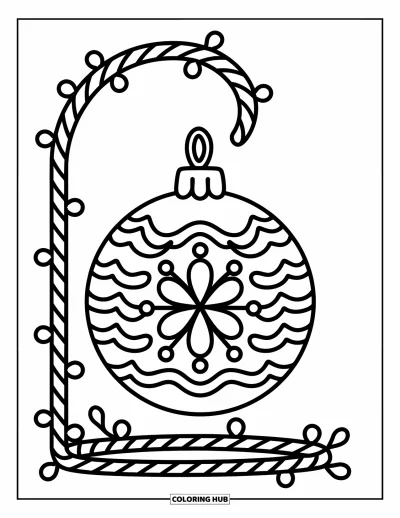 Coloriage de boules de Noël pour adultes : Une boule ronde suspendue à un crochet en canne en sucre d'orge, décorée de motifs floraux et d'étoiles