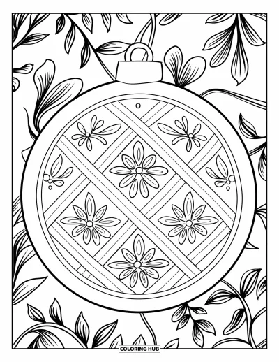 Coloriage de boules de Noël pour adultes : Une boule ronde avec un treillis floral sur un fond fleuri et doux