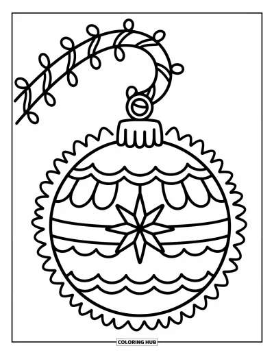 Coloriage de boules de Noël pour adultes : Une boule ronde aux motifs superposés suspendue à un crochet en forme de canne en sucre d'orge