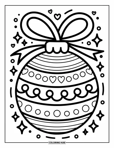 Coloriage de boules de Noël pour adultes : Une boule ronde aux motifs délicats sous un nœud souple et des paillettes flottantes