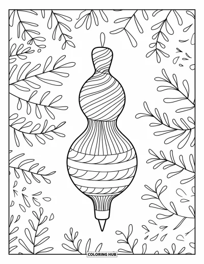 Coloriage de boules de Noël pour adultes : Une boule festonnée et torsadée qui se distingue sur un fond doux et chaleureux