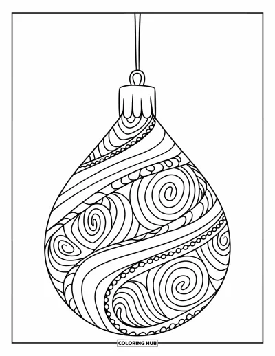 Coloriage de boules de Noël pour adultes : Une boule en larme aux motifs en spirale suspendue délicatement à un fil
