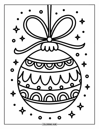 Coloriage de boules de Noël pour adultes : Une boule tourbillonnante encadrée par un ruban gestueux et des paillettes éparpillées