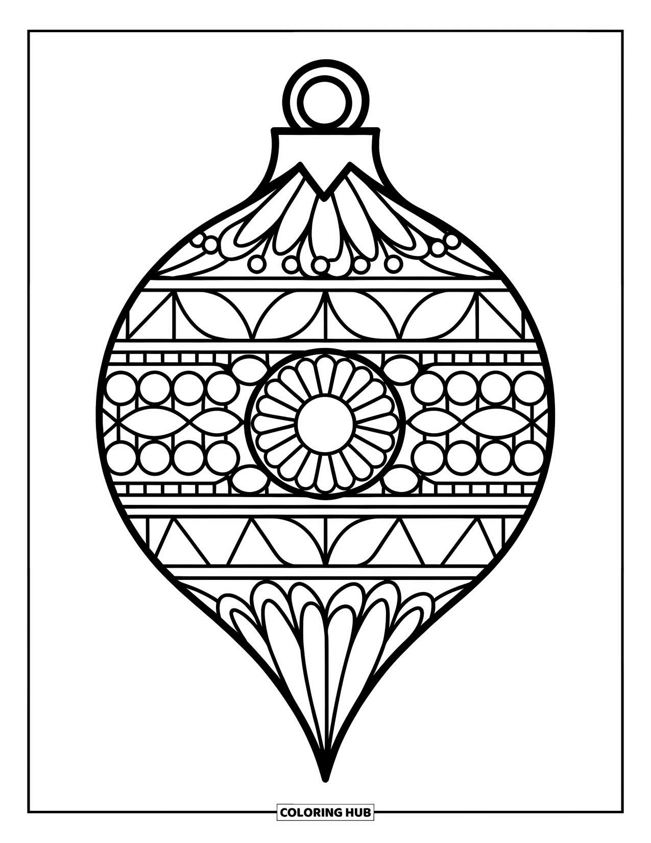 Ornament Coloring Page for Adults: A tall ornament with mosaic tile patterns includes shapes like circles, squares, and triangles